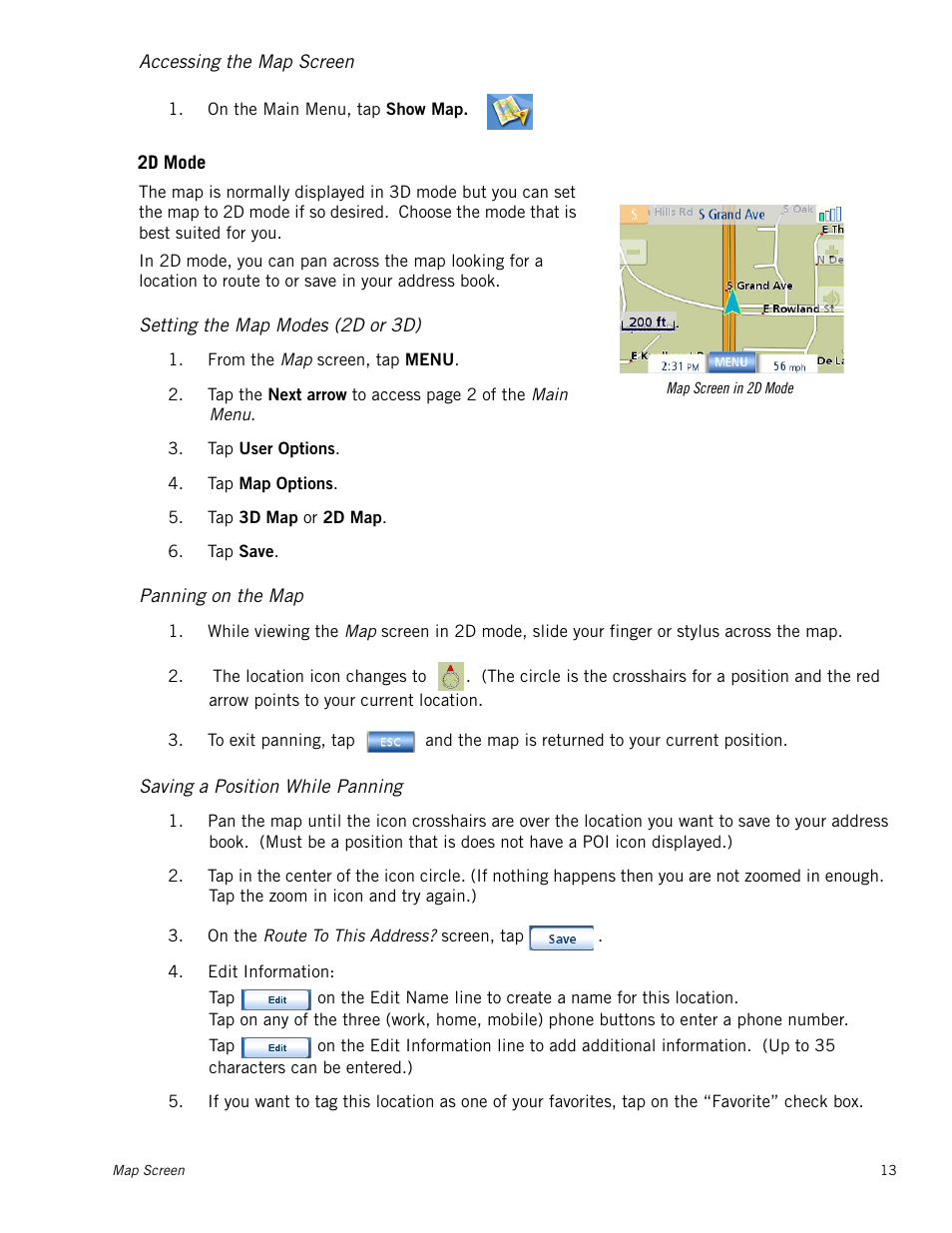 Accessing the map screen, 2d mode, Setting the map modes (2d or 3d) | Panning on the map, Saving a position while panning | Magellan MAESTRO 3100 User Manual | Page 21 / 55