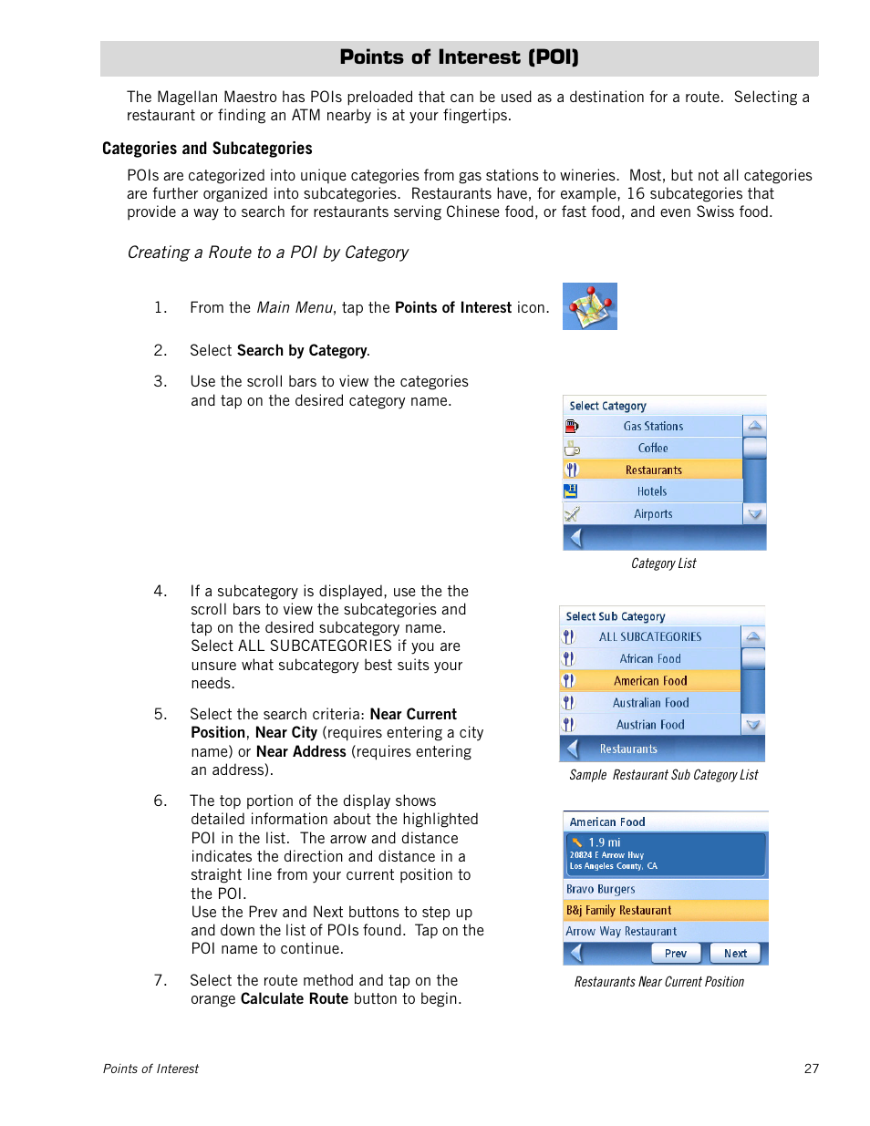 Points of interest (poi), Categories and subcategories, Creating a route to a poi by category | Magellan MAESTRO 3100 User Manual | Page 35 / 55