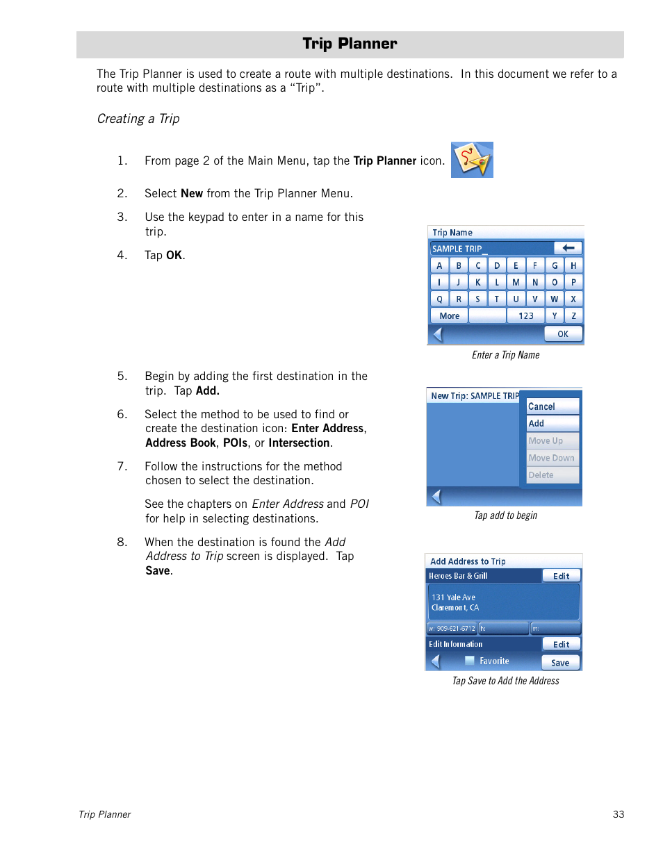 Trip planner, Creating a trip | Magellan MAESTRO 3100 User Manual | Page 41 / 55