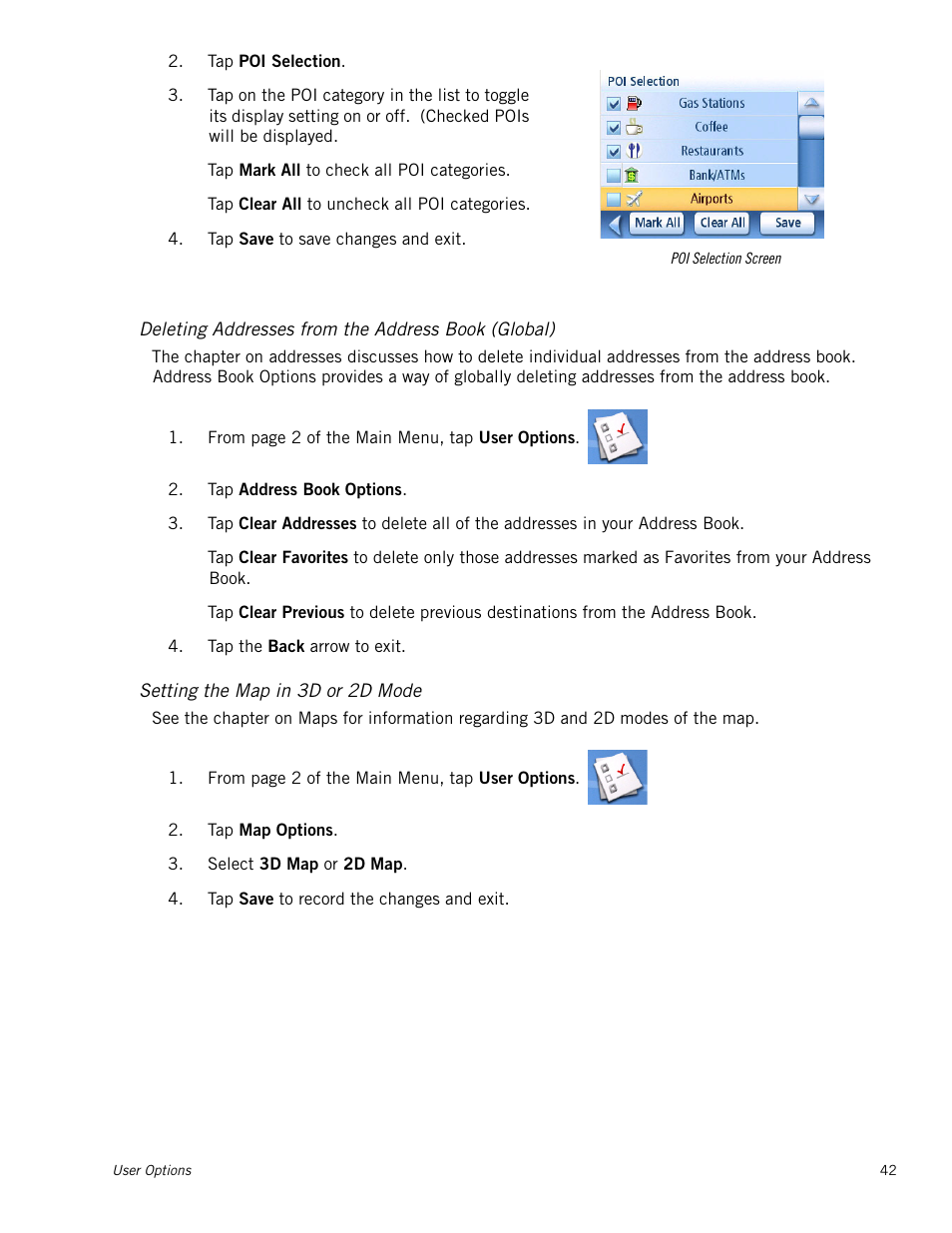 Deleting addresses from the address book (global), Setting the map in 3d or 2d mode | Magellan MAESTRO 3100 User Manual | Page 50 / 55