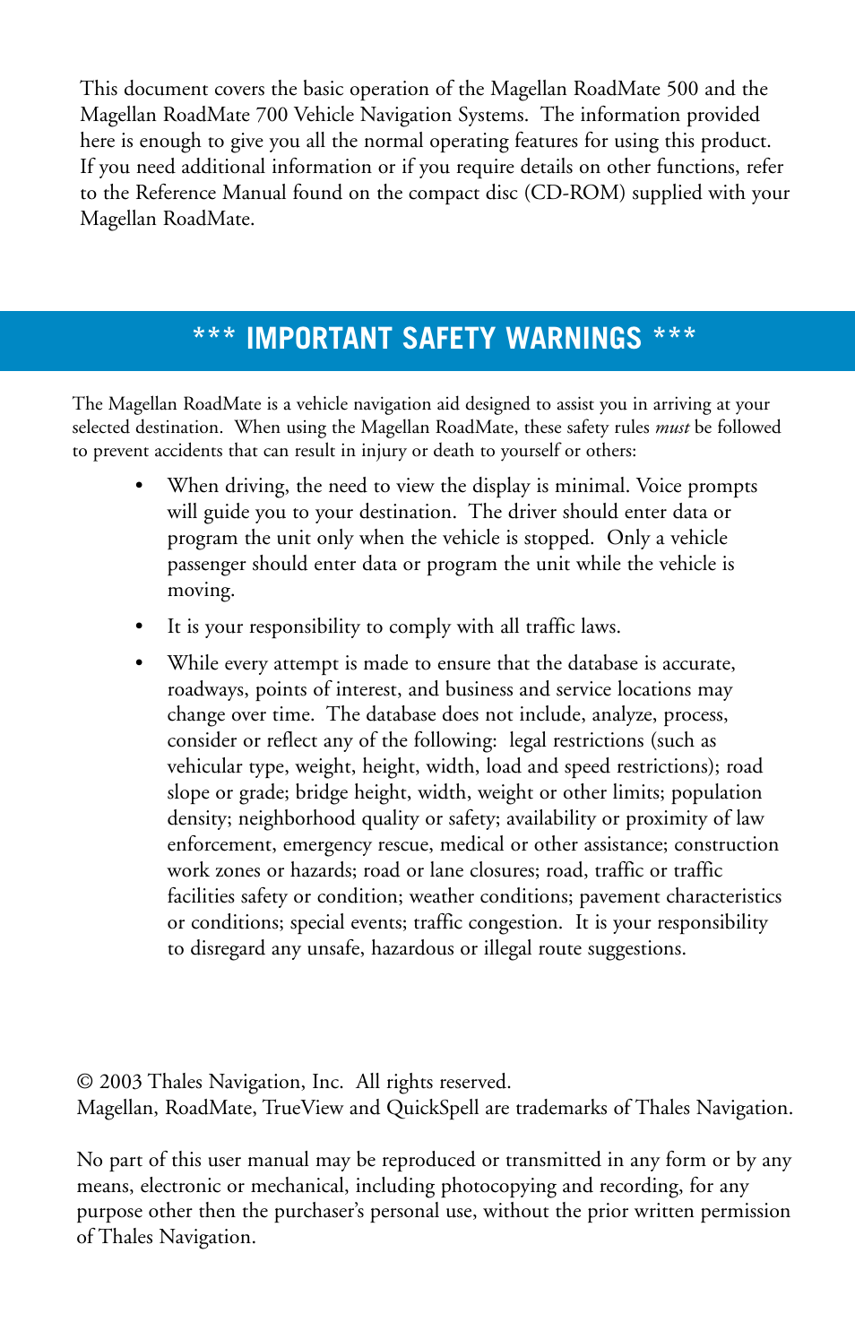 Important safety warnings | Magellan RoadMate 700 User Manual | Page 2 / 27