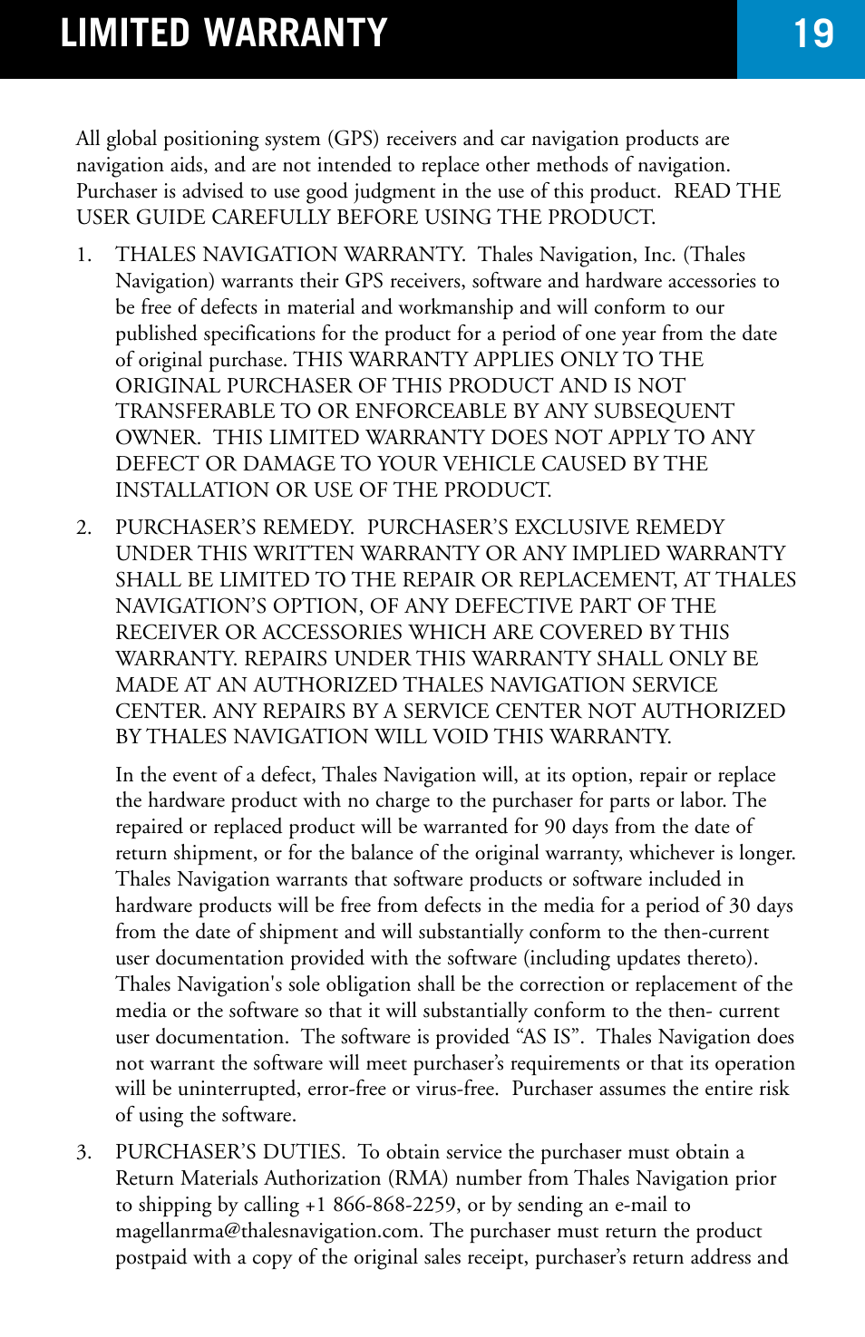 Limited warranty 19 | Magellan RoadMate 700 User Manual | Page 21 / 27