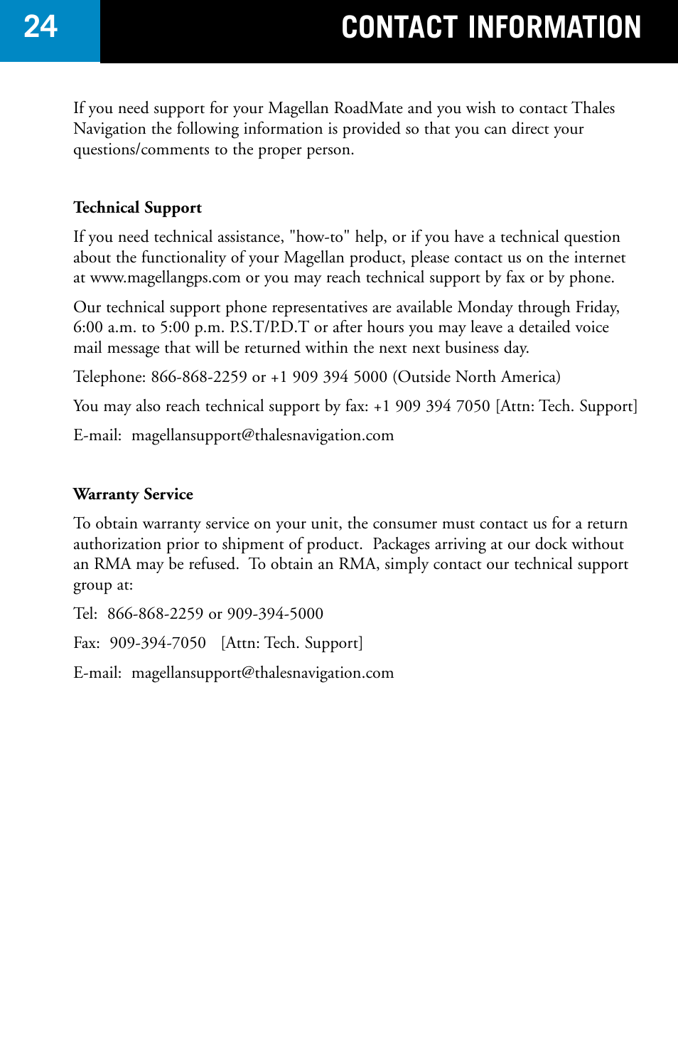 Contact information 24 | Magellan RoadMate 700 User Manual | Page 26 / 27
