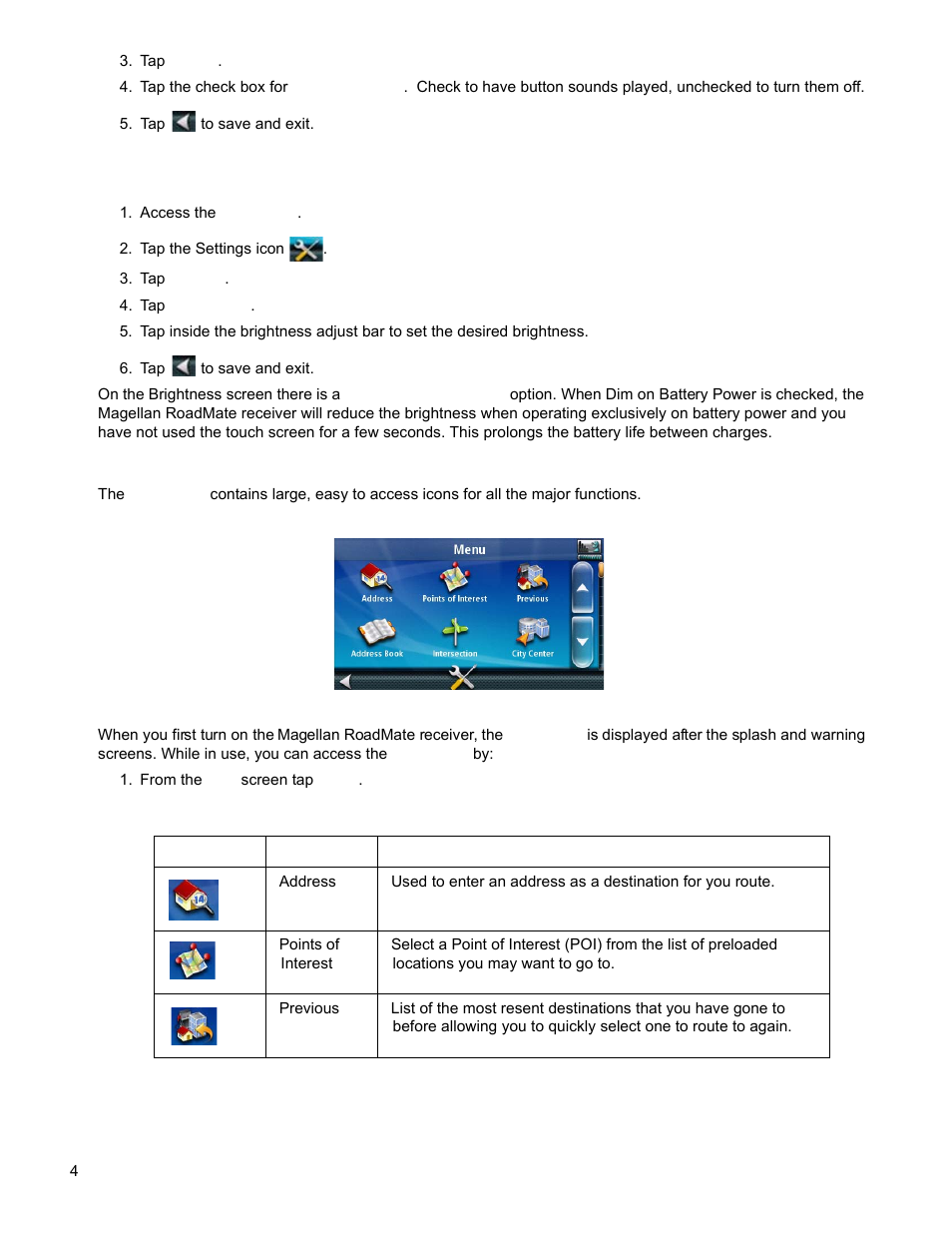 Tap sound, Tap to save and exit, Access the main menu | Tap the settings icon, Tap system, Tap brightness, From the map screen tap menu, Brightness, Main menu | Magellan ROADMATE 5120 User Manual | Page 13 / 42