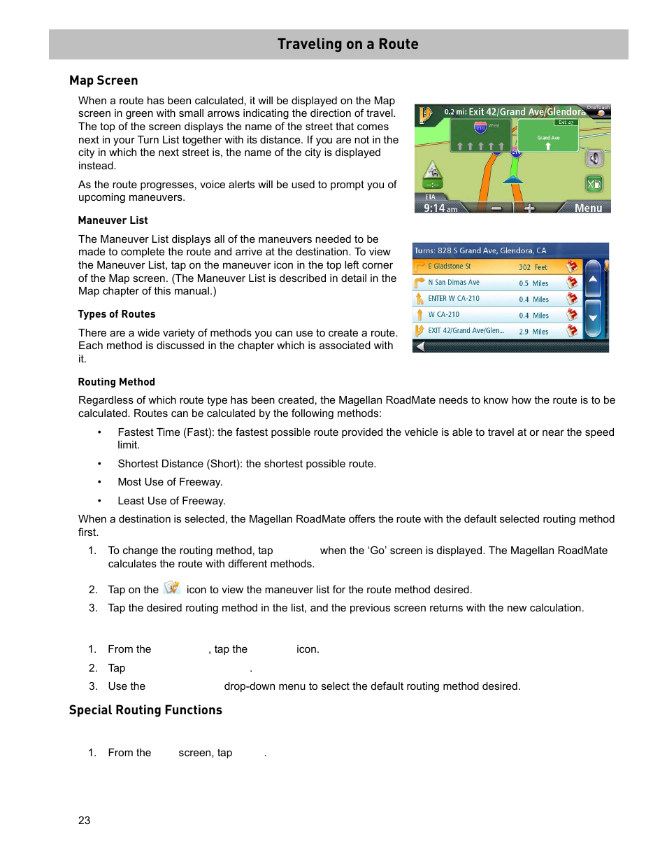 Traveling on a route, From the main menu, tap the settings icon, Tap navigation preferences | From the map screen, tap menu, Traveling on a route 2, Map screen, Maneuver list, Types of routes, Routing method, To permanently change the routing method | Magellan ROADMATE 5120 User Manual | Page 32 / 42