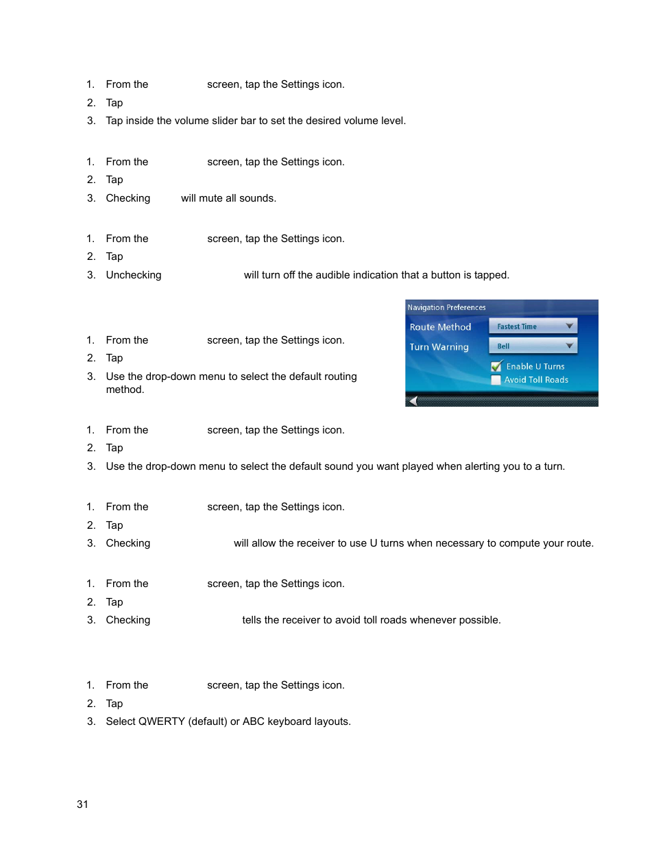 From the main menu screen, tap the settings icon, Tap sound, Checking mute will mute all sounds | Tap navigation preferences, Tap keyboard, Select qwerty (default) or abc keyboard layouts, Sound, Setting volume from settings, Muting the sound, Turning off button sounds | Magellan ROADMATE 5120 User Manual | Page 40 / 42