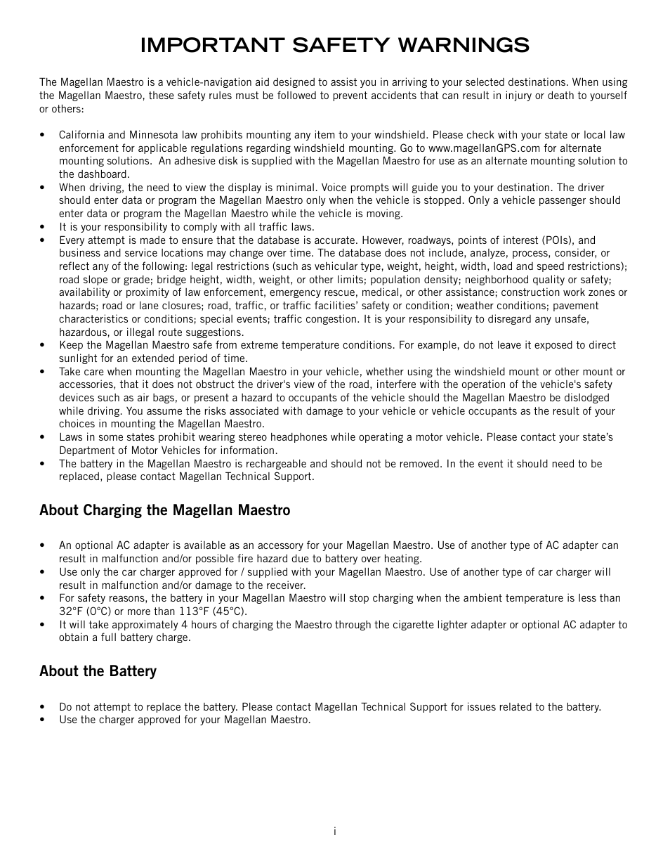 Important safety warnings, About charging the magellan maestro, About the battery | Magellan Maestro 3220 User Manual | Page 2 / 60