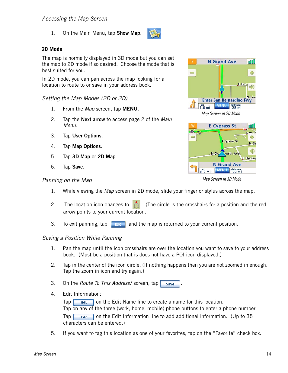 Accessing the map screen, Setting the map modes (2d or 3d), Panning on the map | Saving a position while panning | Magellan Maestro 3220 User Manual | Page 22 / 60