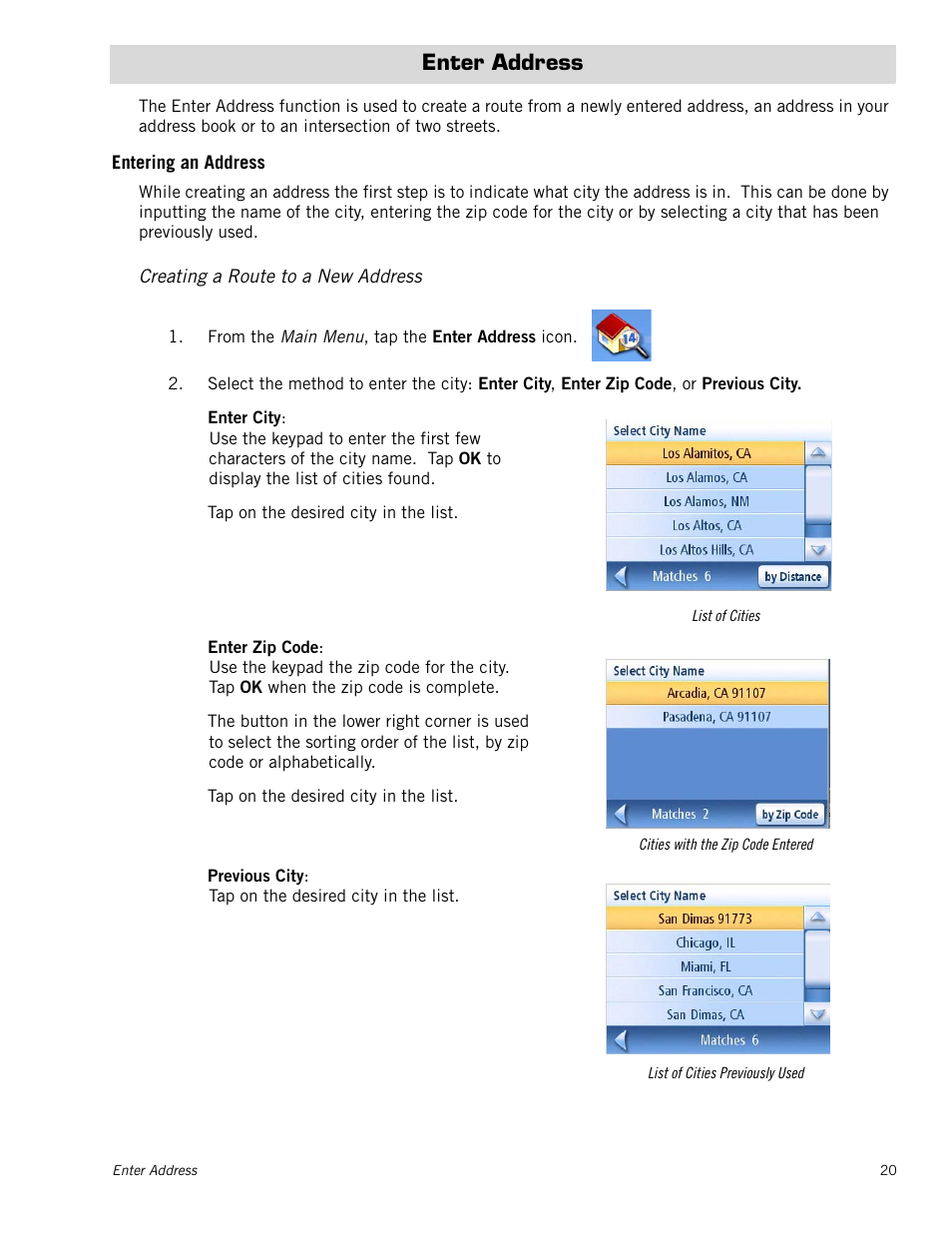 Enter address, Entering an address, Creating a route to a new address | Magellan Maestro 3220 User Manual | Page 28 / 60