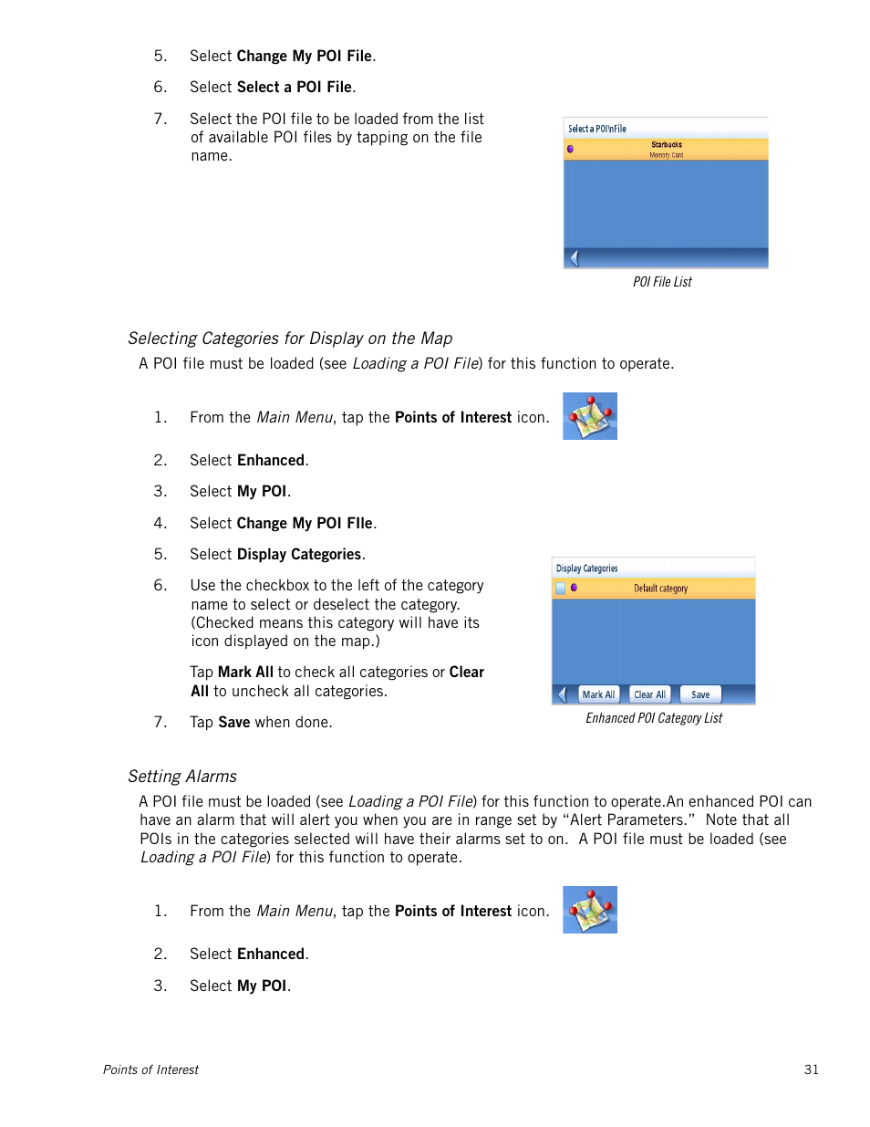 Selecting categories for display on the map, Setting alarms | Magellan Maestro 3220 User Manual | Page 39 / 60