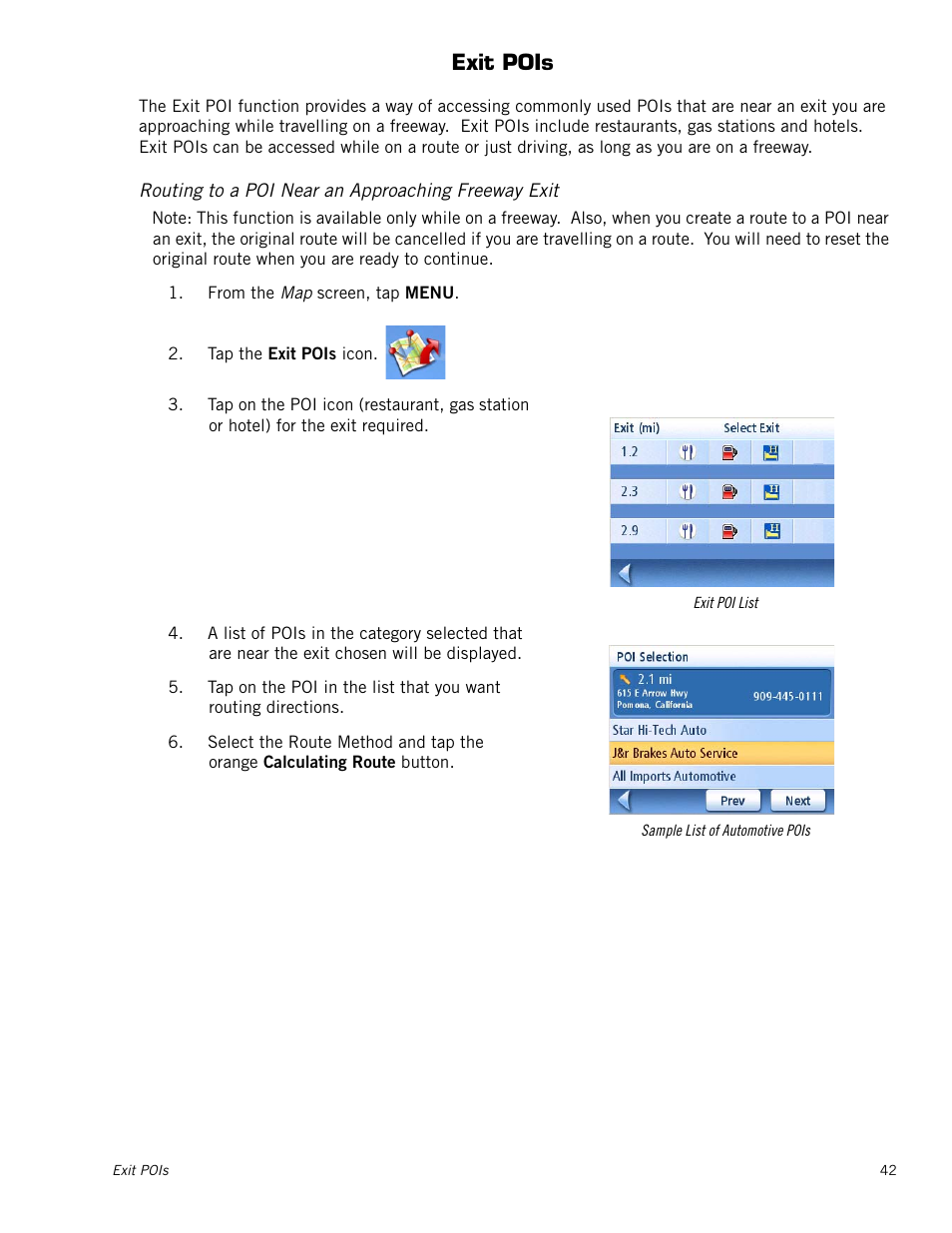 Exit pois, Routing to a poi near an approaching freeway exit | Magellan Maestro 3220 User Manual | Page 50 / 60