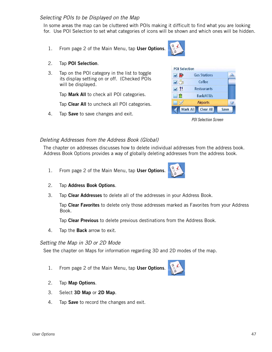 Selecting pois to be displayed on the map, Deleting addresses from the address book (global), Setting the map in 3d or 2d mode | Magellan Maestro 3220 User Manual | Page 55 / 60