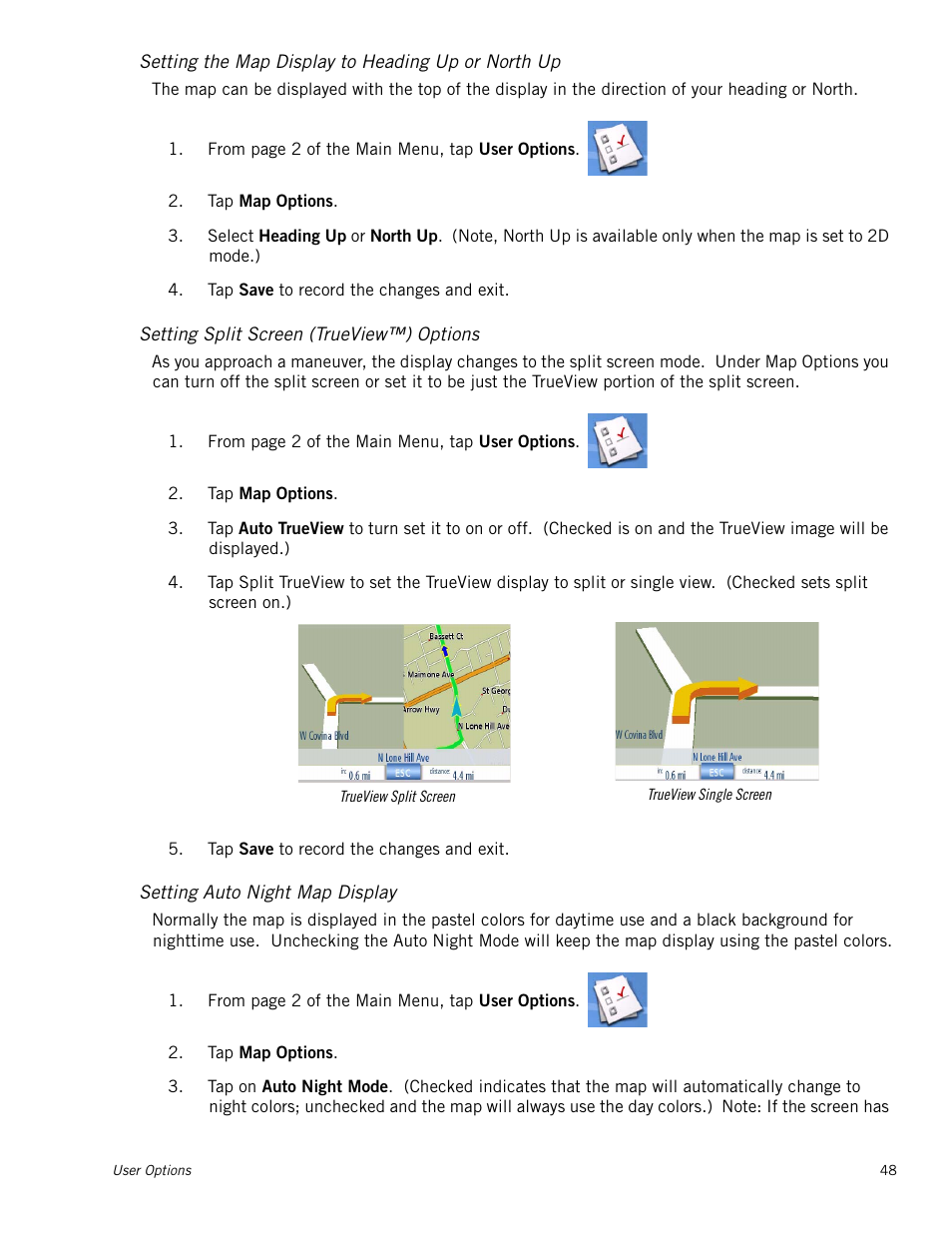 Setting the map display to heading up or north up, Setting split screen (trueview™) options, Setting auto night map display | Magellan Maestro 3220 User Manual | Page 56 / 60