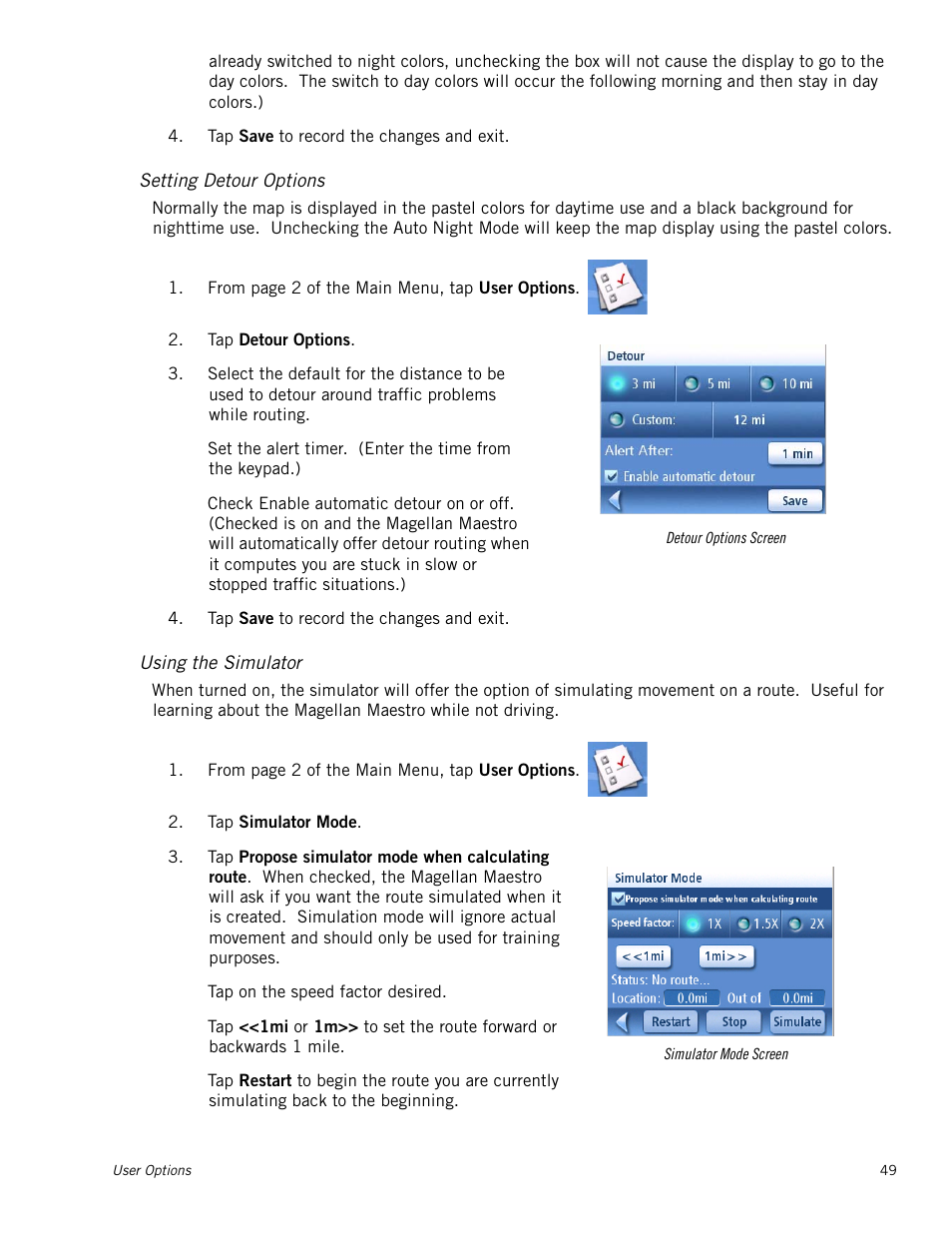 Setting detour options, Using the simulator | Magellan Maestro 3220 User Manual | Page 57 / 60