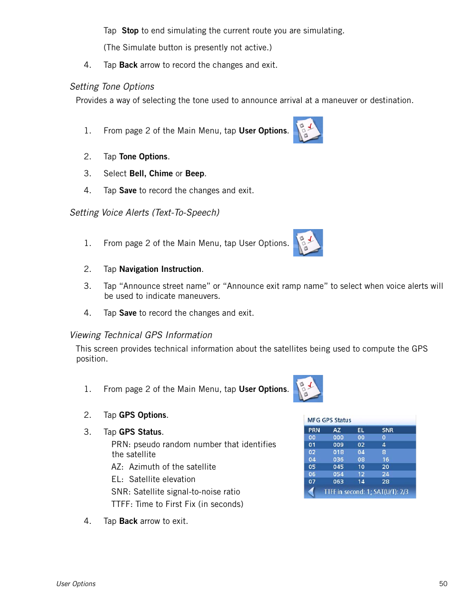 Setting tone options, Setting voice alerts (text-to-speech), Viewing technical gps information | Magellan Maestro 3220 User Manual | Page 58 / 60