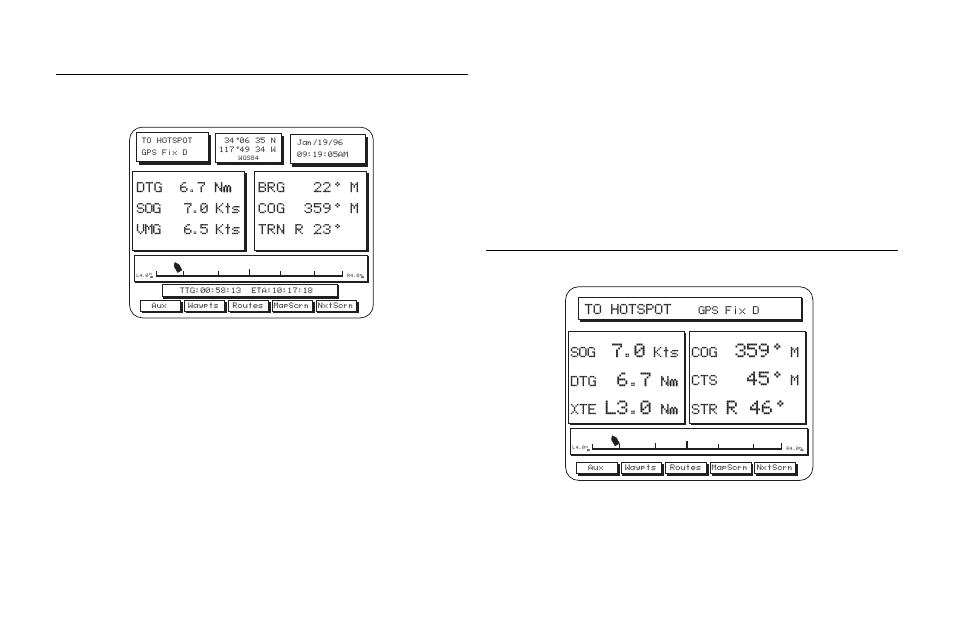L3.0, R 46, Nav 1 screen | Nav 2 screen, Kts dtg, Nm xte, Mcts, Mstr | Magellan NAV 6500 User Manual | Page 27 / 114