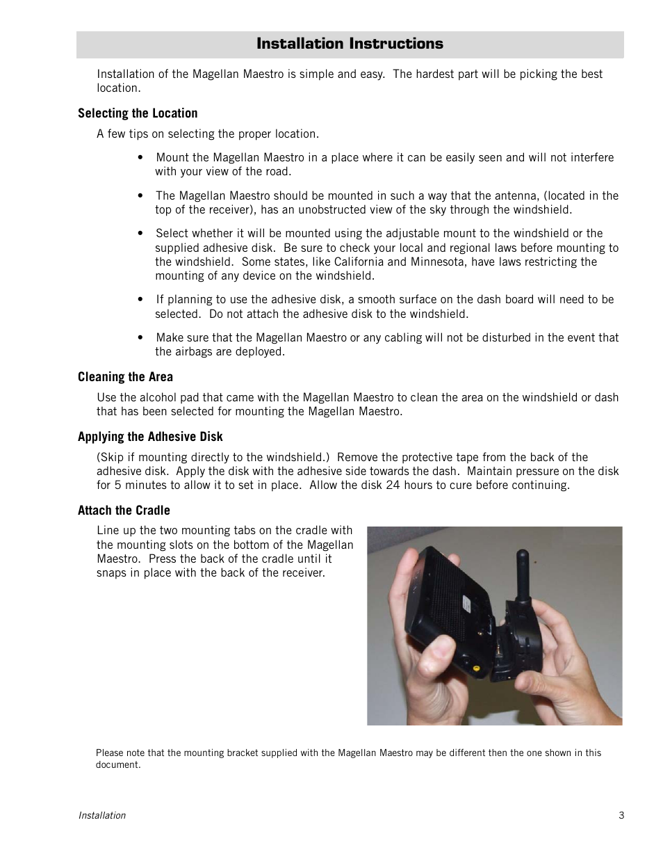 Installation instructions, Selecting the location, Cleaning the area | Applying the adhesive disk, Attach the cradle | Magellan Maestro 4050 User Manual | Page 14 / 86