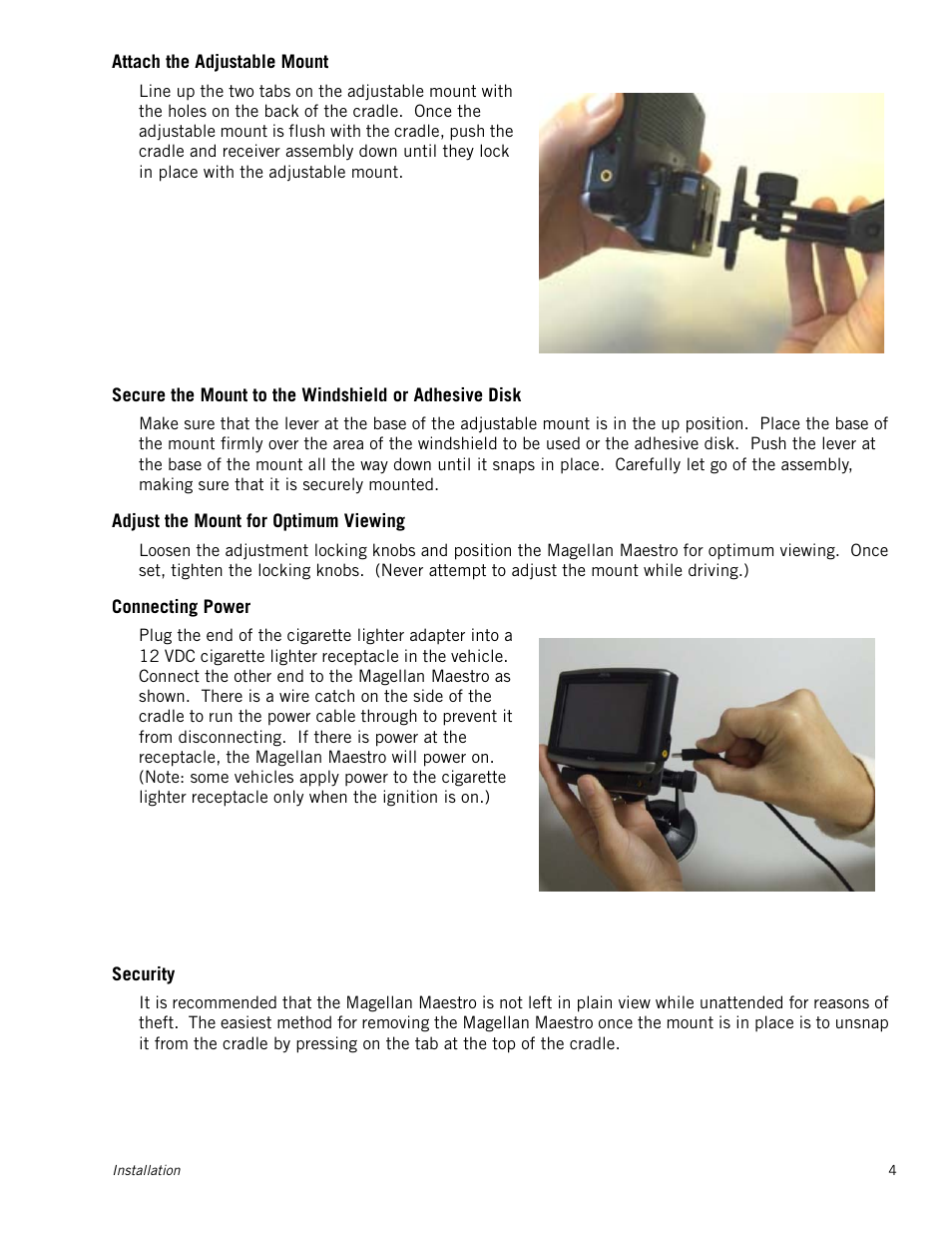 Attach the adjustable mount, Adjust the mount for optimum viewing, Connecting power | Security | Magellan Maestro 4050 User Manual | Page 15 / 86