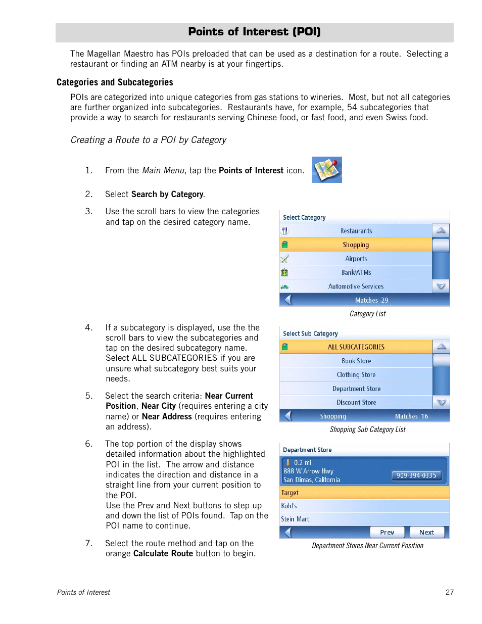 Points of interest (poi), Categories and subcategories, Creating a route to a poi by category | Magellan Maestro 4050 User Manual | Page 38 / 86