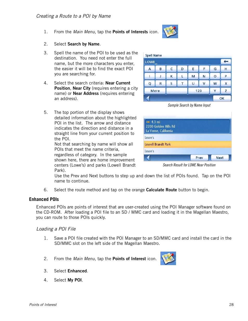 Creating a route to a poi by name, Enhanced pois, Loading a poi file | Magellan Maestro 4050 User Manual | Page 39 / 86