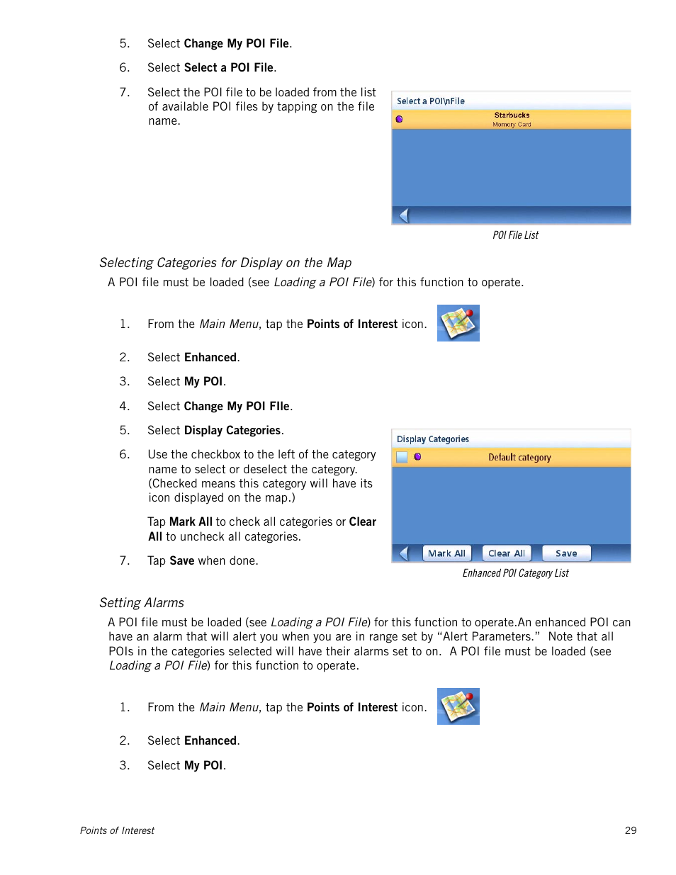 Selecting categories for display on the map, Setting alarms | Magellan Maestro 4050 User Manual | Page 40 / 86