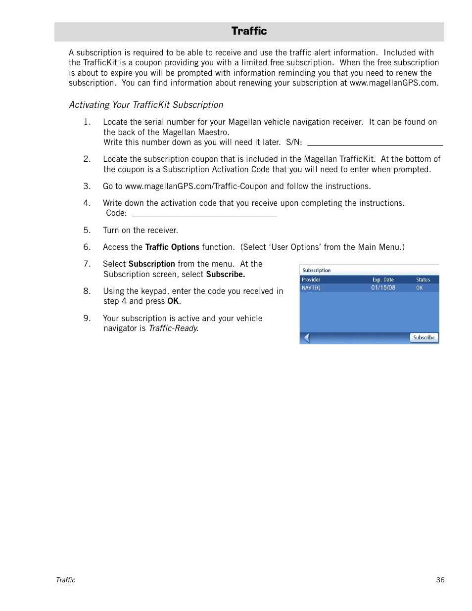 Traffic, Activating your traffickit subscription, Activating your traffickit subscription 3 | Magellan Maestro 4050 User Manual | Page 47 / 86