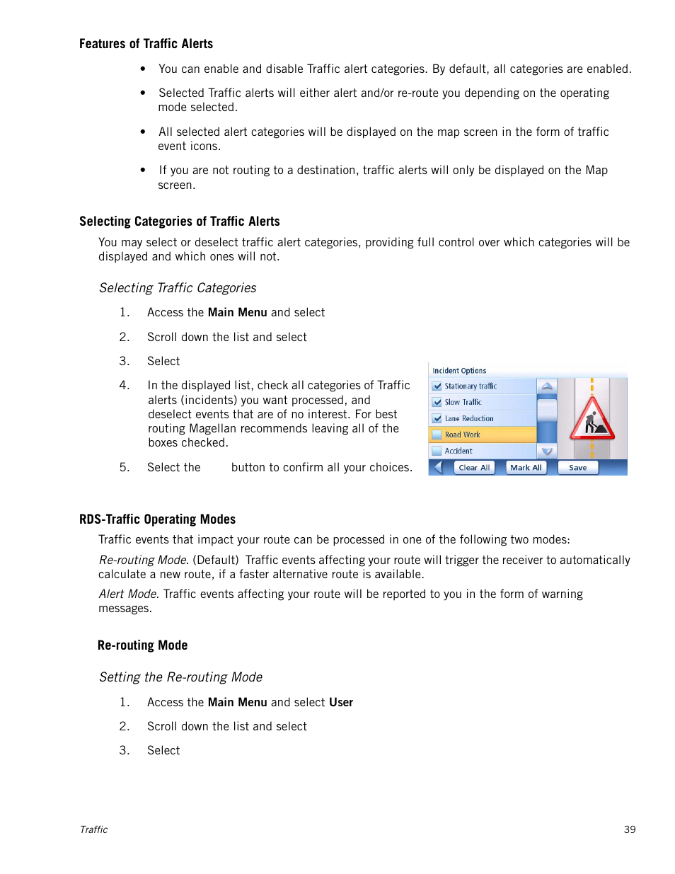 Features of traffic alerts, Selecting categories of traffic alerts, Selecting traffic categories | Rds-traffic operating modes, Setting the re-routing mode, Re-routing mode | Magellan Maestro 4050 User Manual | Page 50 / 86