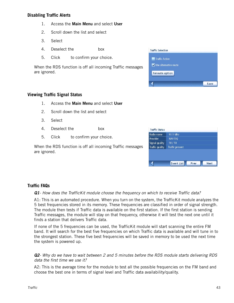 Disabling traffic alerts, Viewing traffic signal status, Traffic faqs | Magellan Maestro 4050 User Manual | Page 54 / 86