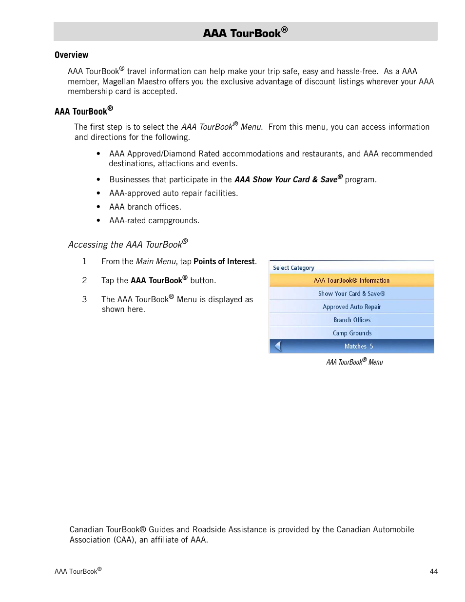 Aaa tourbook, Overview, Accessing the aaa tourbook | Magellan Maestro 4050 User Manual | Page 55 / 86