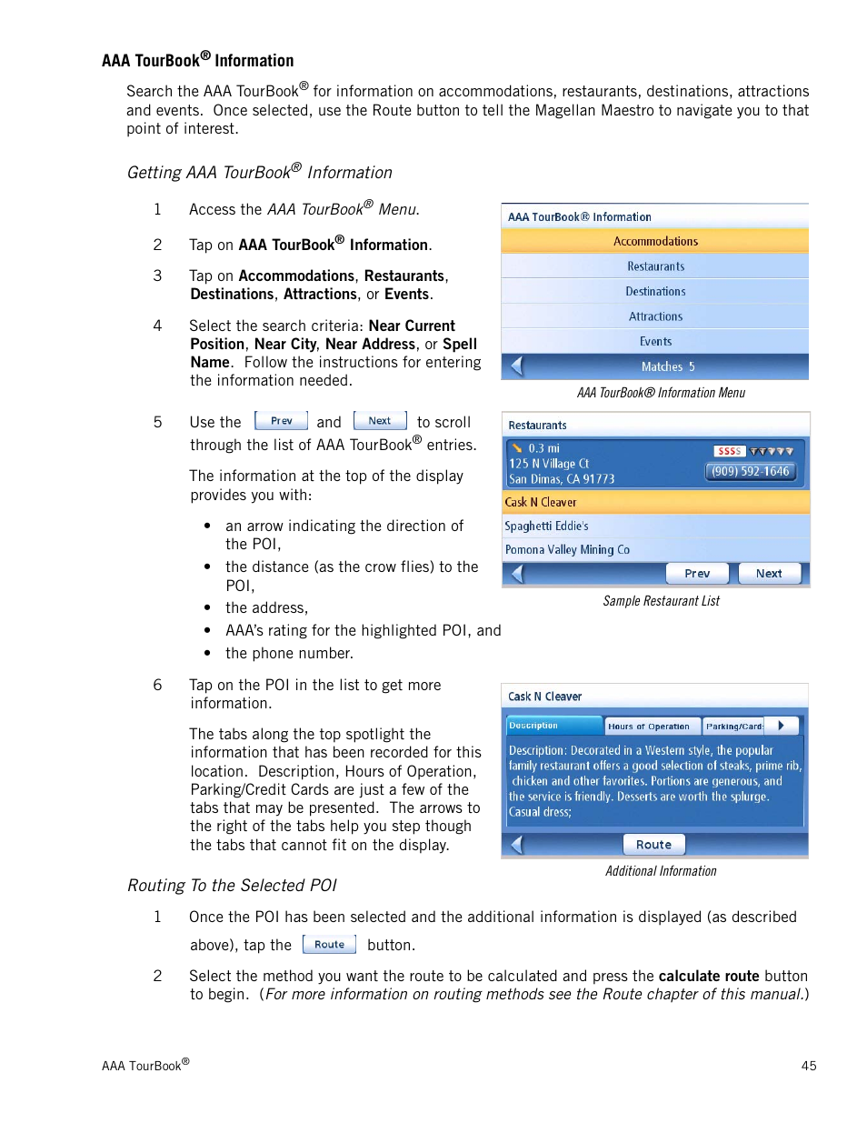 Aaa tourbook® information, Getting aaa tourbook® information, Routing to the selected poi | Magellan Maestro 4050 User Manual | Page 56 / 86