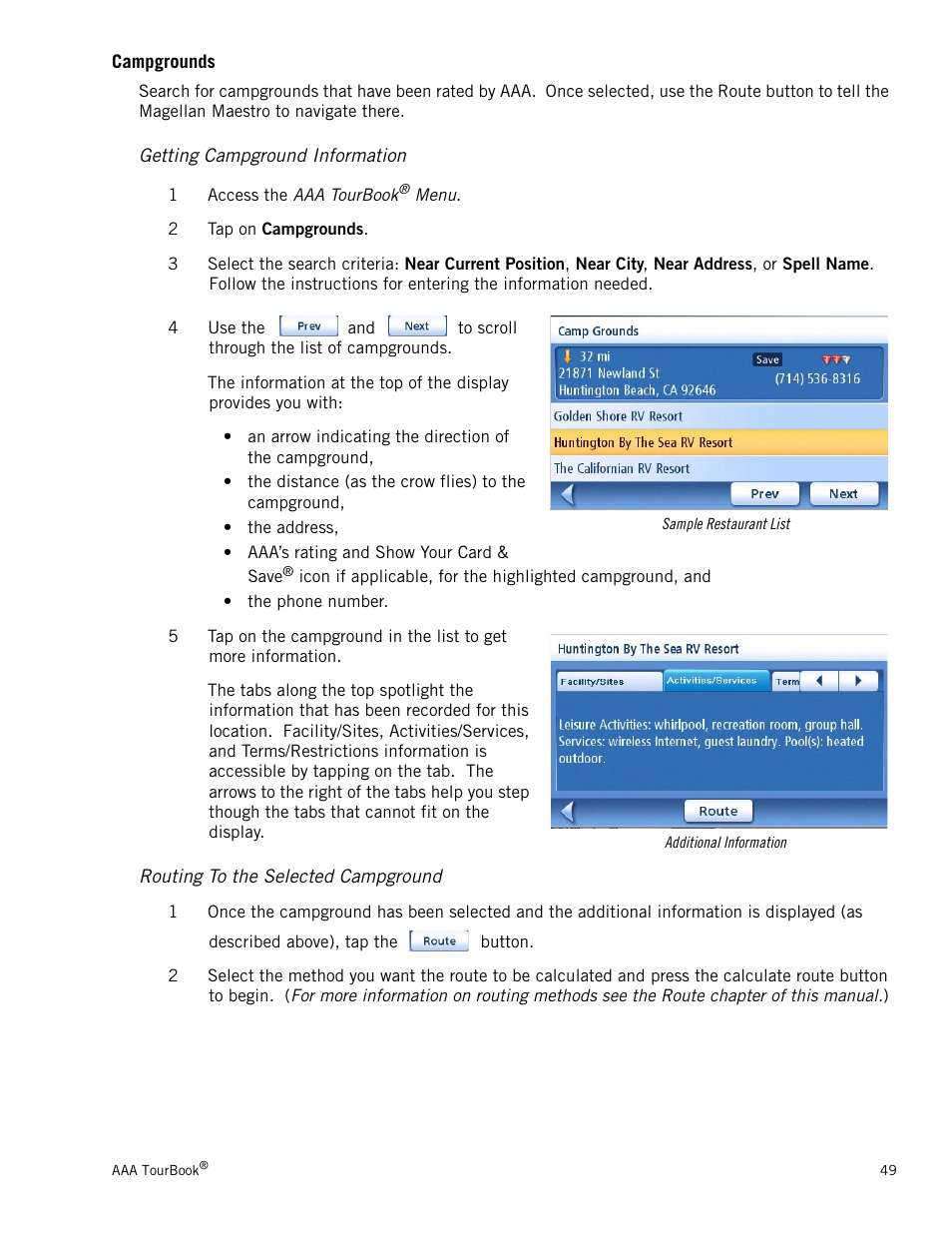 Campgrounds, Getting campground information, Routing to the selected campground | Magellan Maestro 4050 User Manual | Page 60 / 86