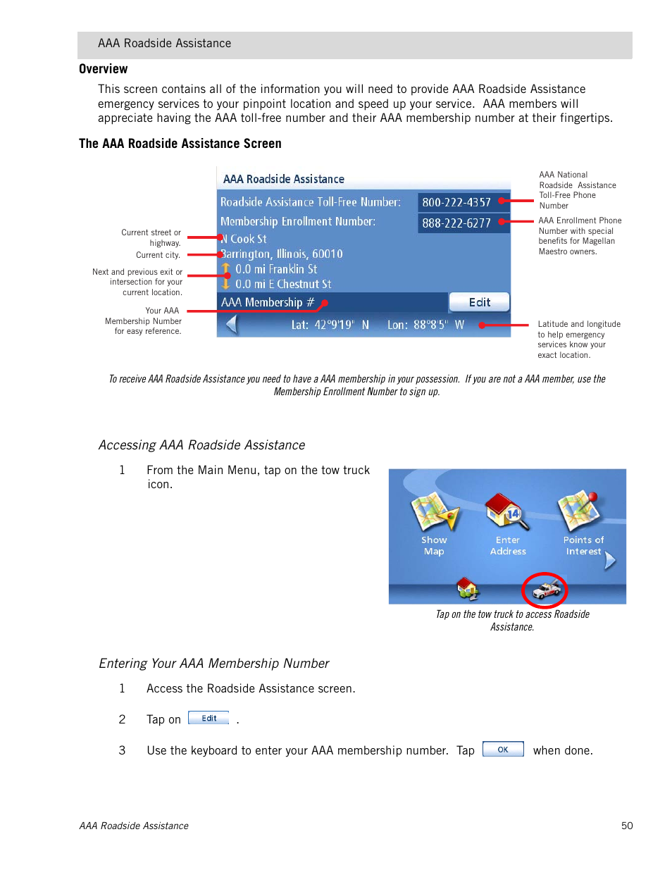 Overview, The aaa roadside assistance screen, Accessing aaa roadside assistance | Entering your aaa membership number | Magellan Maestro 4050 User Manual | Page 61 / 86