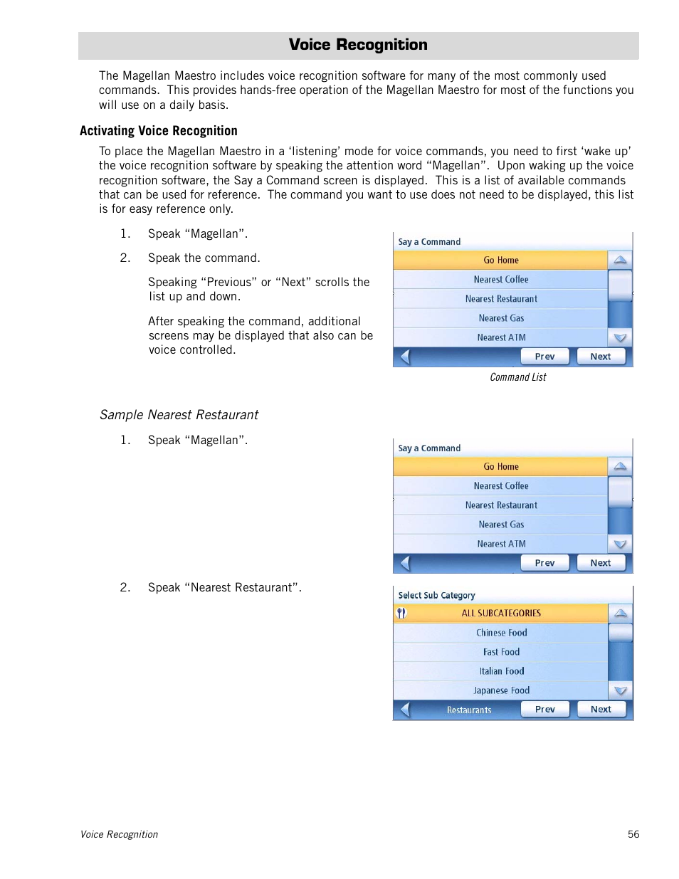 Voice recognition, Activating voice recognition, Sample nearest restaurant | Magellan Maestro 4050 User Manual | Page 67 / 86
