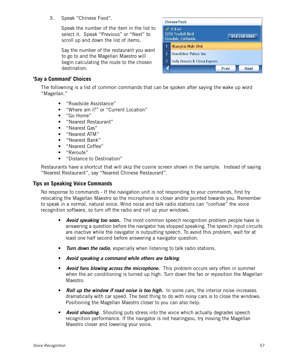 Say a command’ choices, Tips on speaking voice commands | Magellan Maestro 4050 User Manual | Page 68 / 86