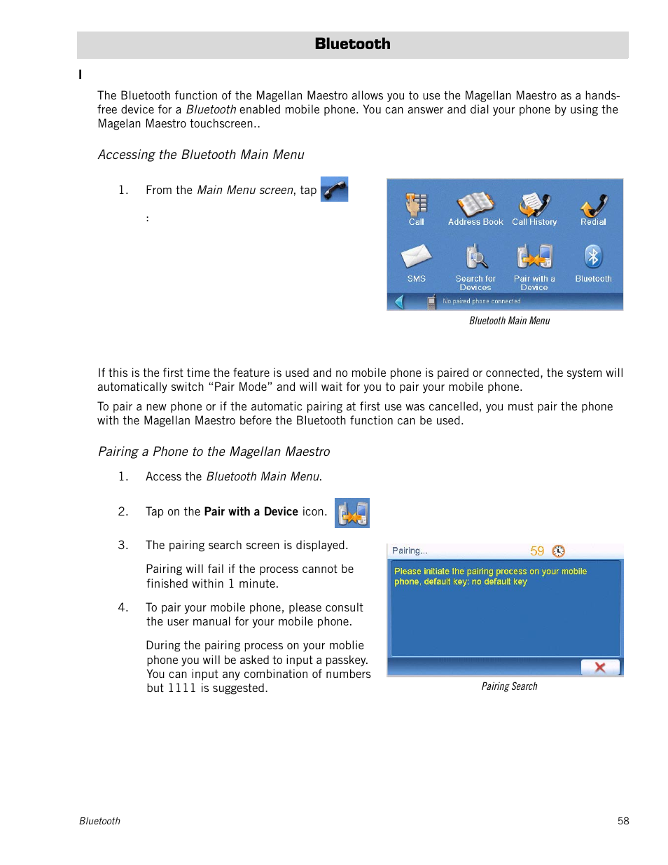 Bluetooth, Introduction, Accessing the bluetooth main menu | Pair mode, Pairing a phone to the magellan maestro | Magellan Maestro 4050 User Manual | Page 69 / 86