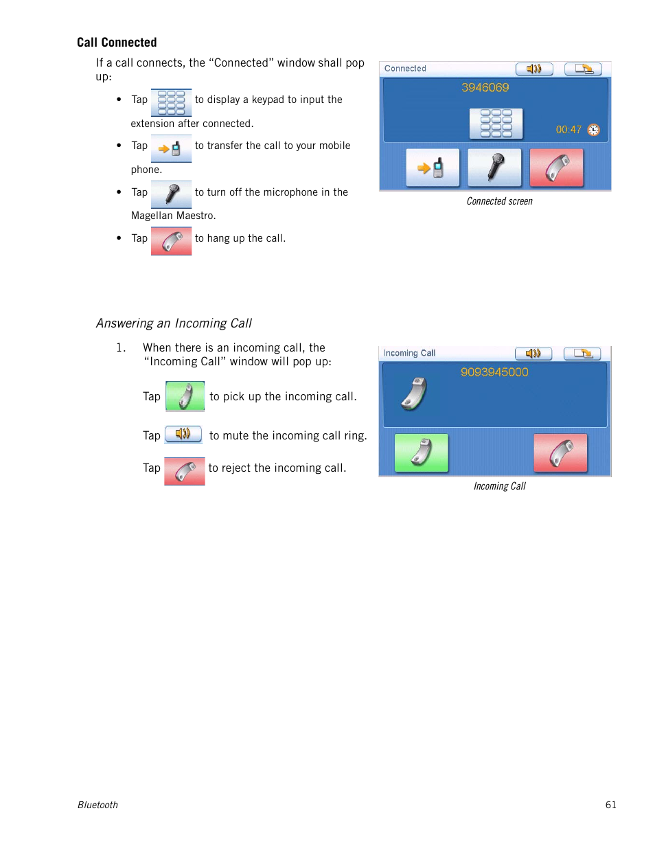 Call connected, Incoming call, Answering an incoming call | Magellan Maestro 4050 User Manual | Page 72 / 86