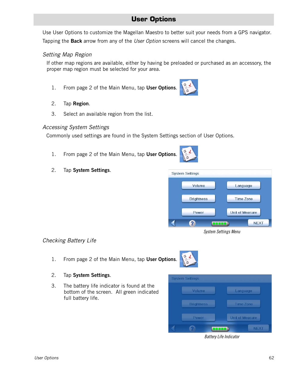 User options, Setting map region, Accessing system settings | Checking battery life | Magellan Maestro 4050 User Manual | Page 73 / 86
