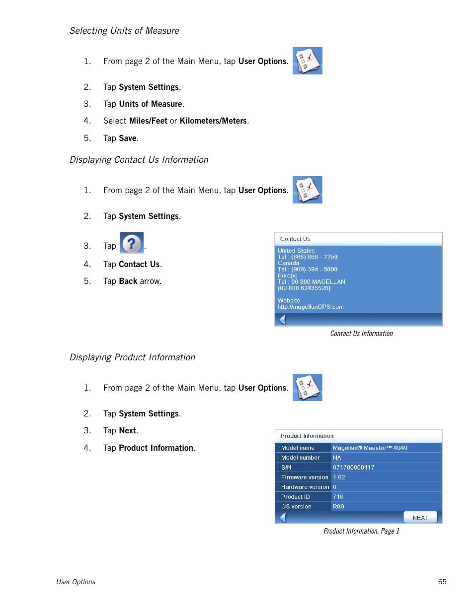 Selecting units of measure, Displaying contact us information, Displaying product information | Magellan Maestro 4050 User Manual | Page 76 / 86
