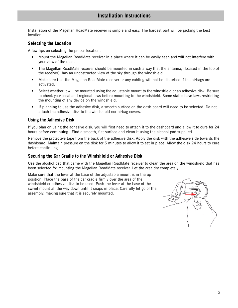 Installation instructions, Selecting the location, Using the adhesive disk | Magellan RoadMate 1210 1200 Series User Manual | Page 11 / 48