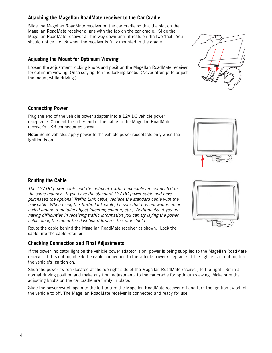Adjusting the mount for optimum viewing, Connecting power, Routing the cable | Checking connection and final adjustments | Magellan RoadMate 1210 1200 Series User Manual | Page 12 / 48