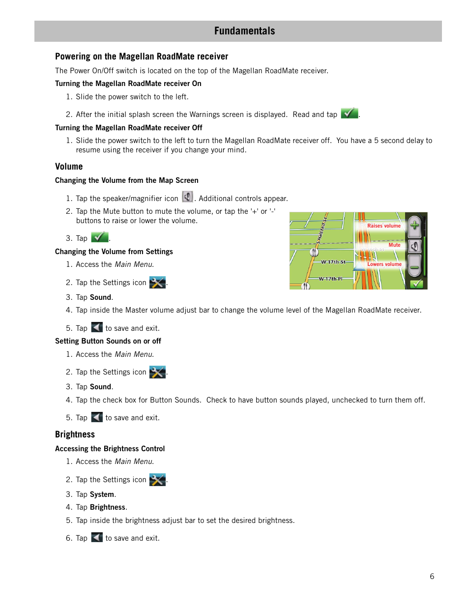 Fundamentals, Powering on the magellan roadmate receiver, Volume | Brightness | Magellan RoadMate 1210 1200 Series User Manual | Page 14 / 48