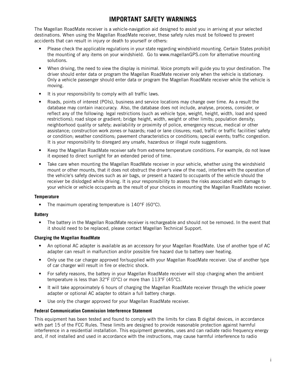 Important safety warnings | Magellan RoadMate 1210 1200 Series User Manual | Page 2 / 48