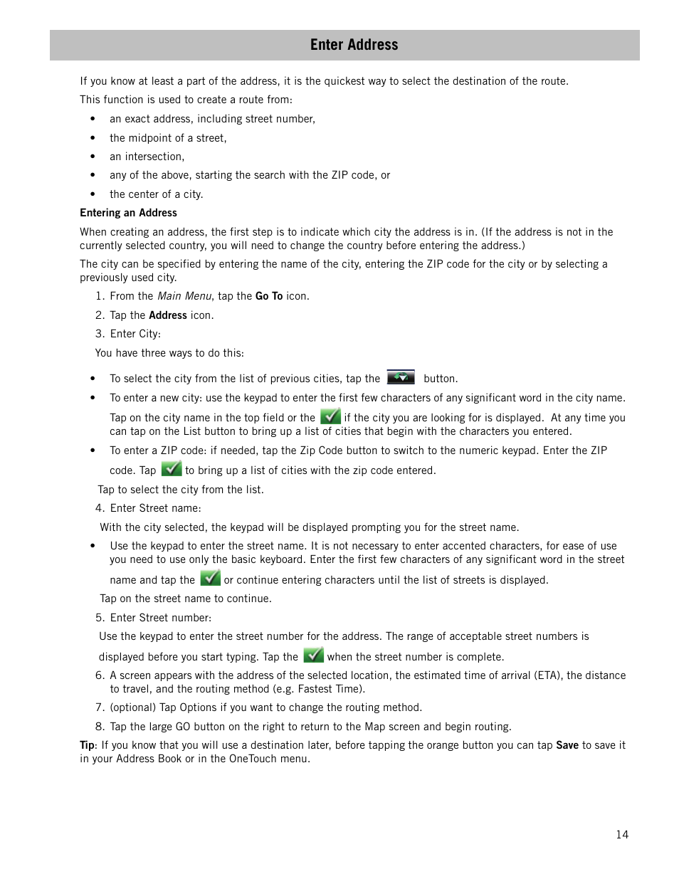 Enter address, Entering an address | Magellan RoadMate 1210 1200 Series User Manual | Page 22 / 48