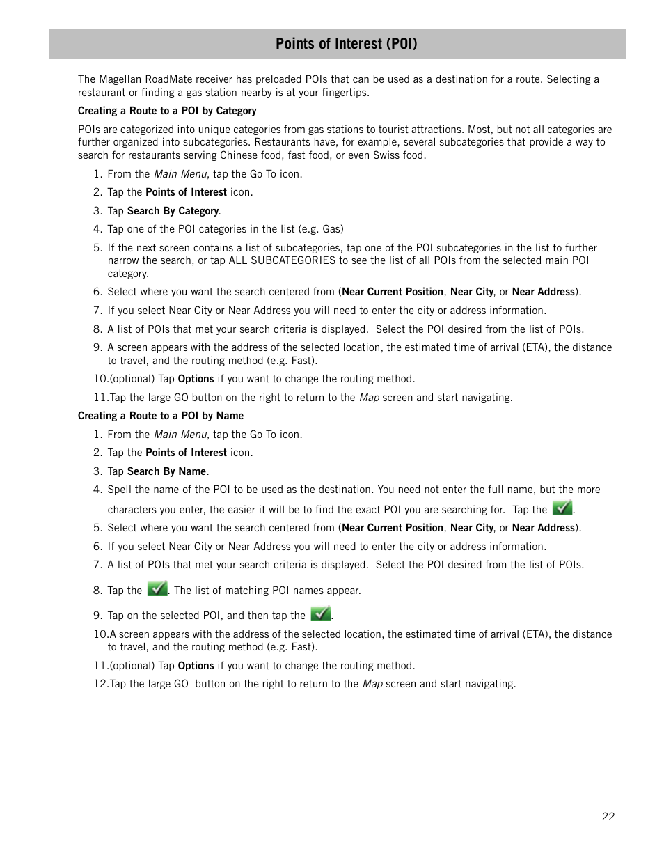 Points of interest (poi), Creating a route to a poi by category, Creating a route to a poi by name | Magellan RoadMate 1210 1200 Series User Manual | Page 30 / 48