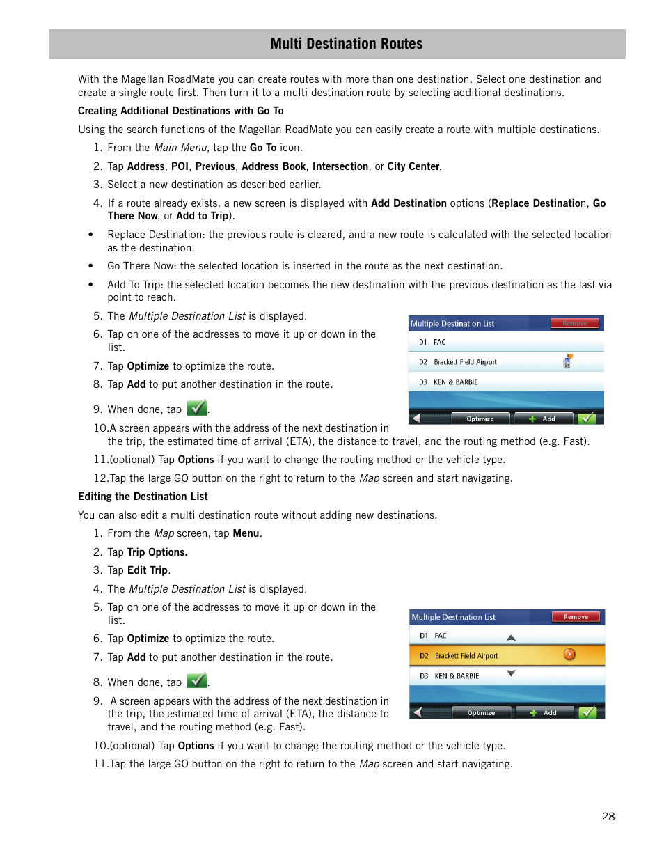 Multi destination routes, Creating additional destinations with go to, Editing the destination list | Magellan RoadMate 1210 1200 Series User Manual | Page 36 / 48
