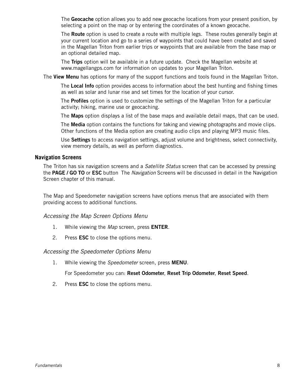 Navigation screens, Accessing the map screen options menu, Accessing the speedometer options menu | Magellan Triton 1500 User Manual | Page 16 / 63