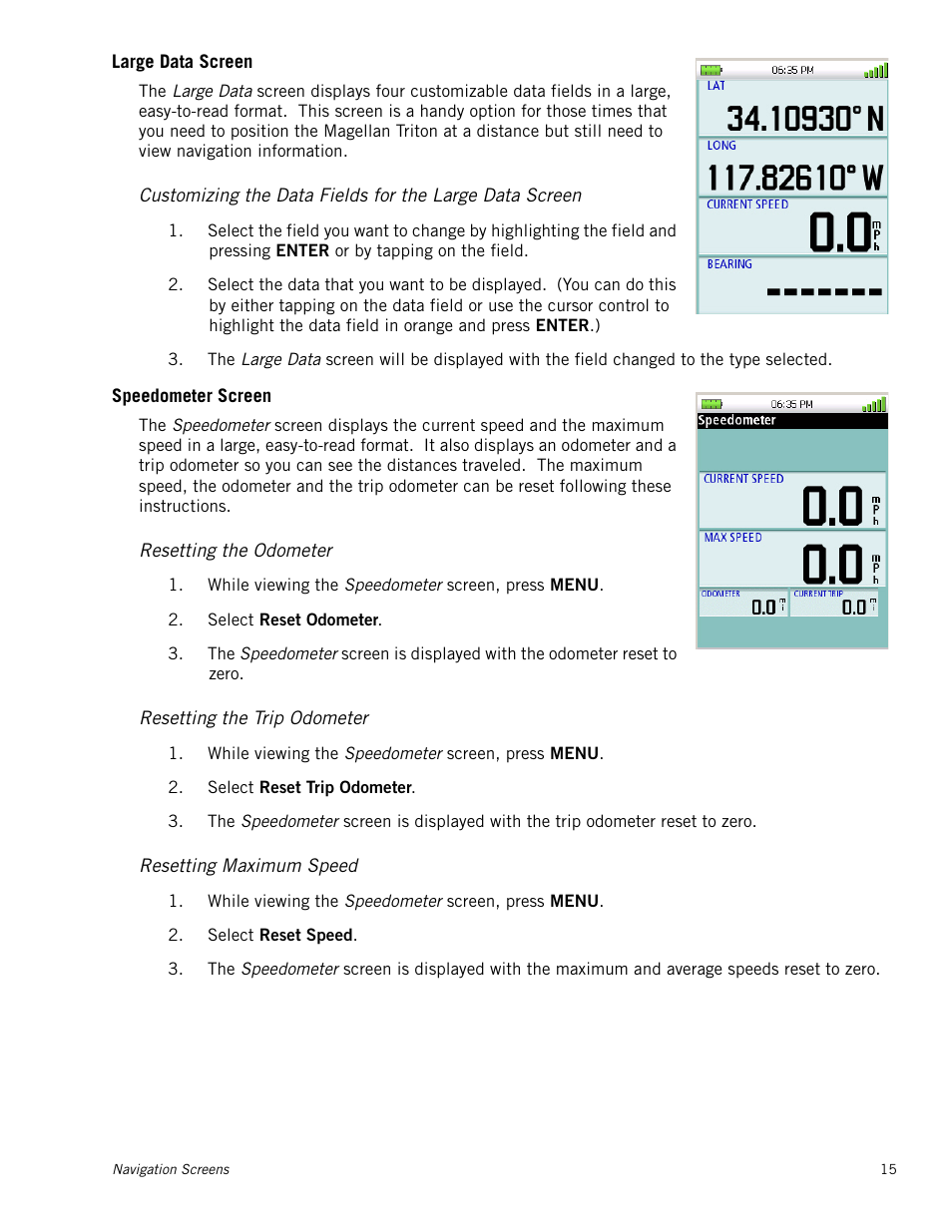 Large data screen, Speedometer screen, Resetting the odometer | Resetting the trip odometer, Resetting maximum speed | Magellan Triton 1500 User Manual | Page 23 / 63
