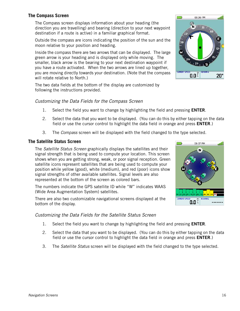 The compass screen, Customizing the data fields for the compass screen, The satellite status screen | Magellan Triton 1500 User Manual | Page 24 / 63
