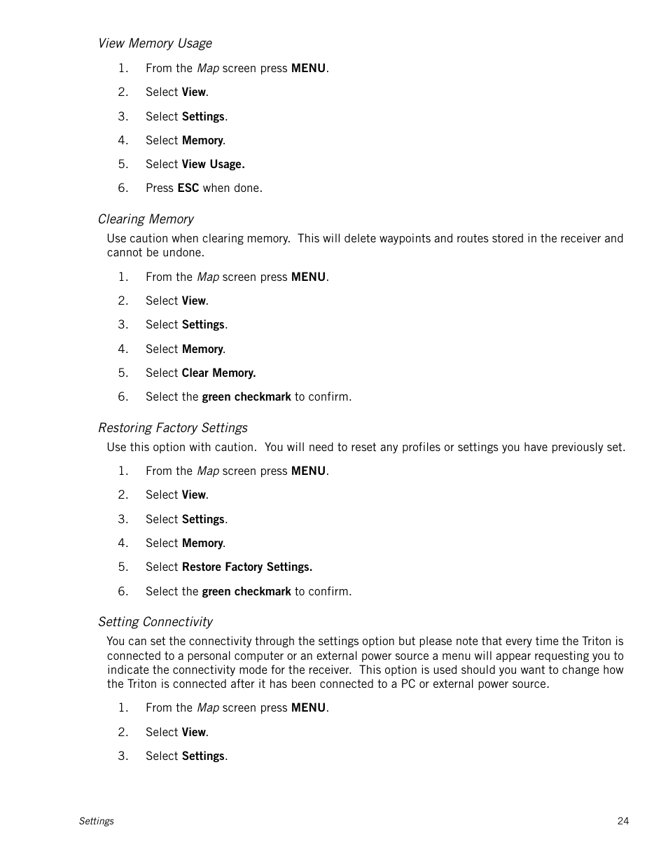 View memory usage, Clearing memory, Restoring factory settings | Setting connectivity | Magellan Triton 1500 User Manual | Page 32 / 63