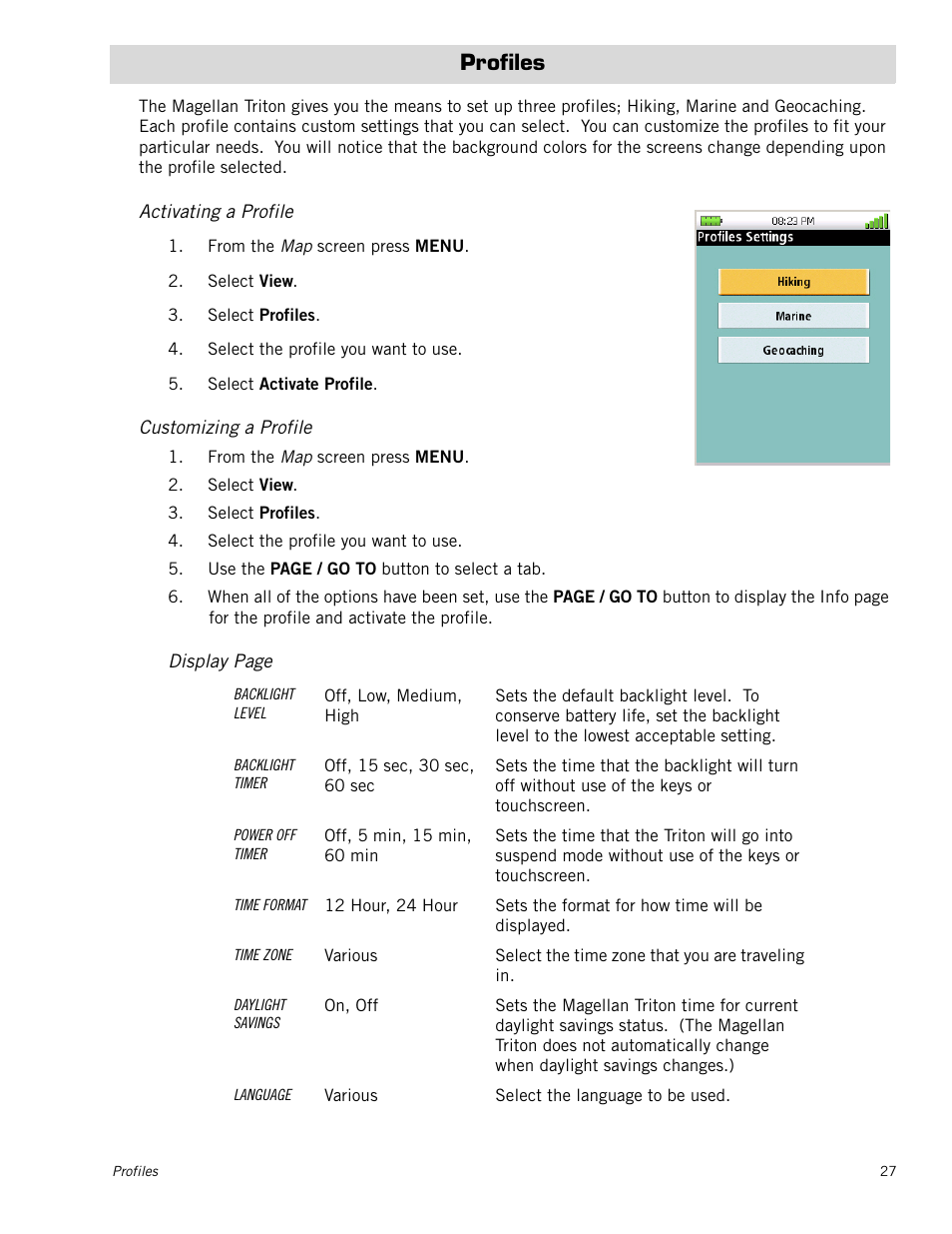 Profiles, Activating a profile, Customizing a profile | Magellan Triton 1500 User Manual | Page 35 / 63